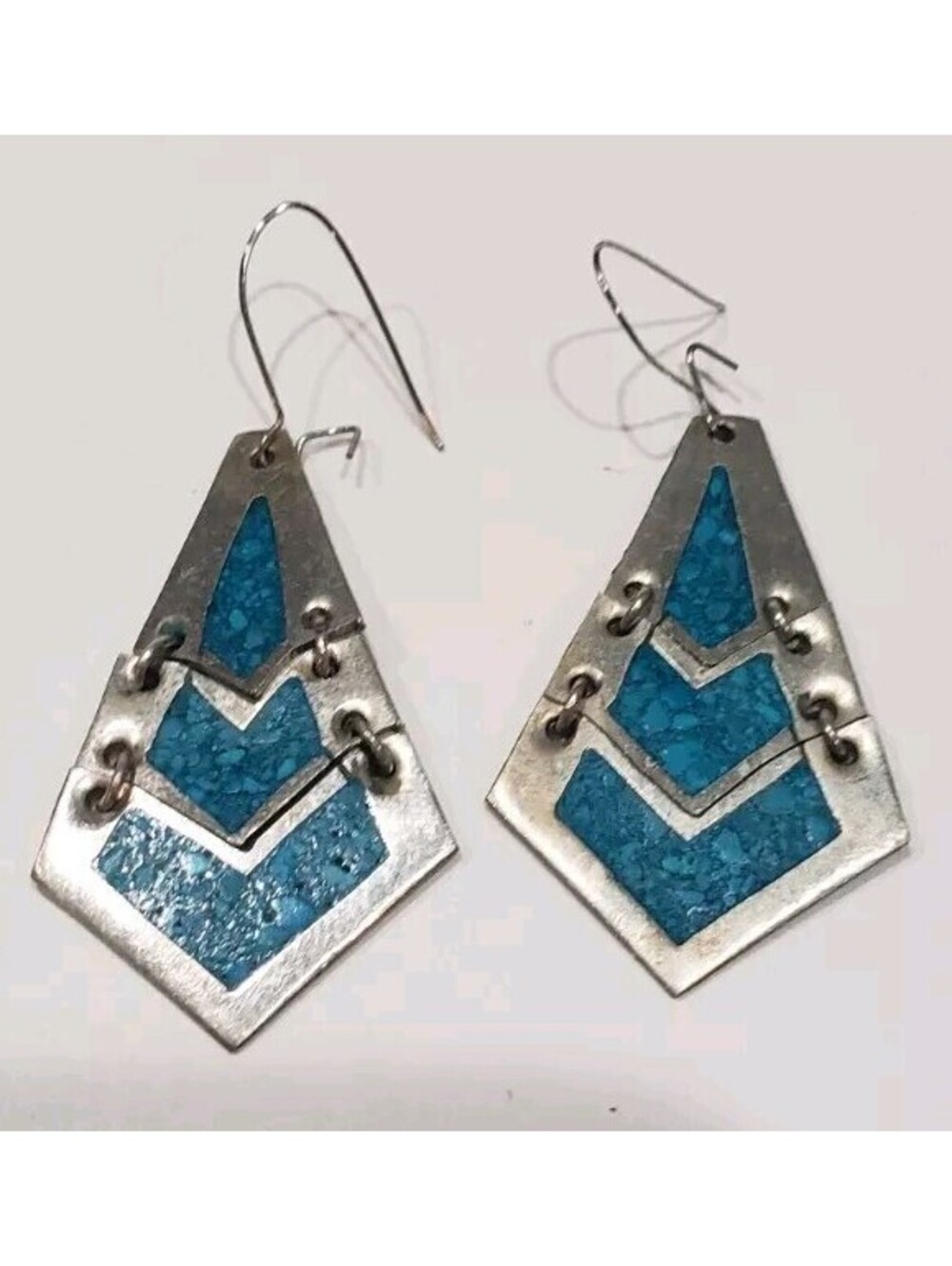 VTG Alpaca Earrings Turquoise Inlay Mexican Southwestern Dangle Drop Alloy